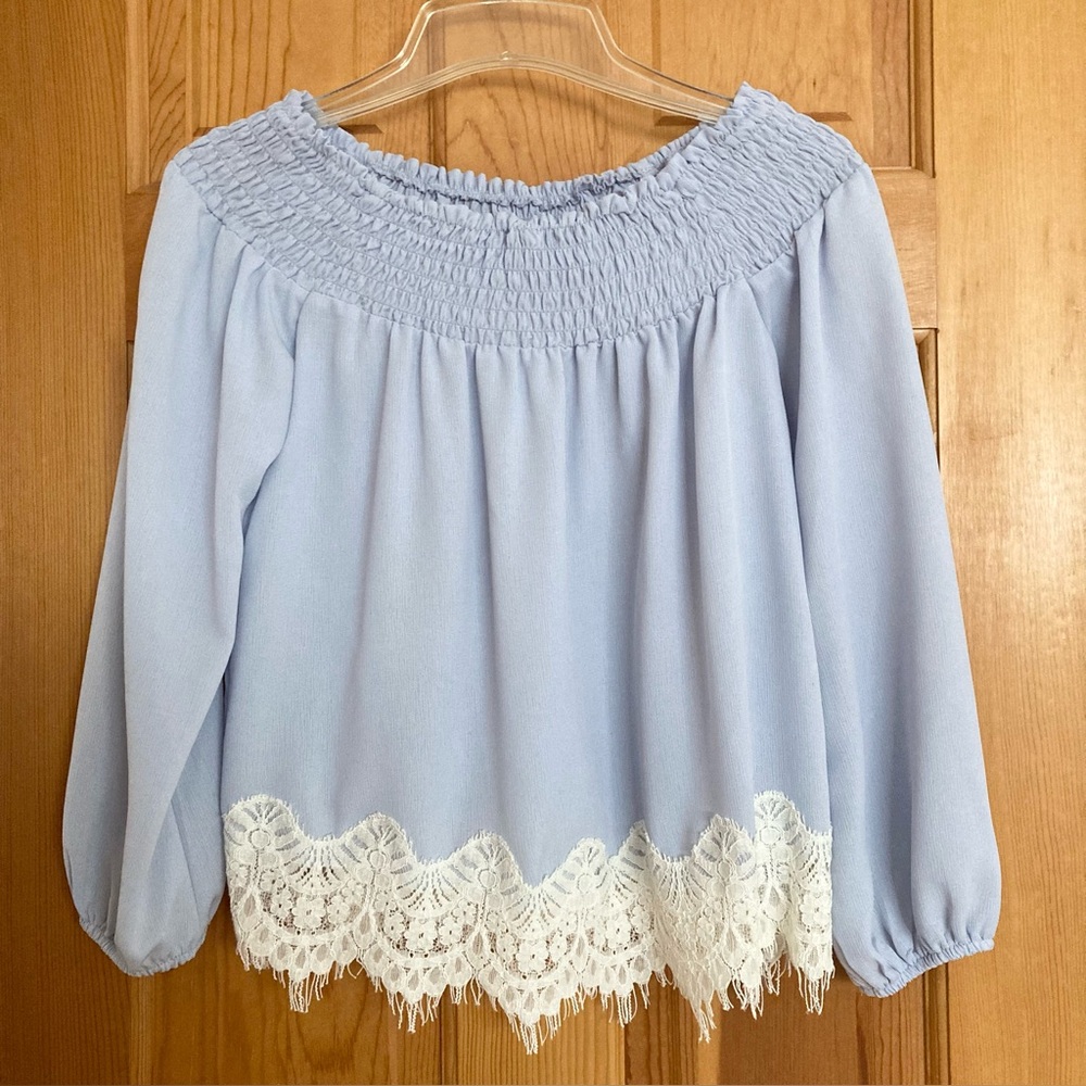 Light Blue Off-Shoulder Top with Cream Lace Trim, Size Small - Boho